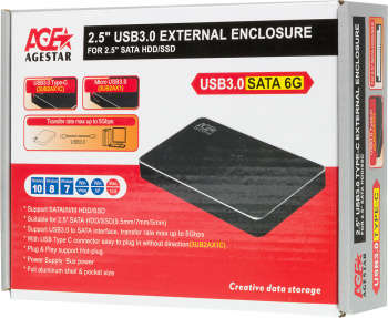 Бокс для HDD AgeStar Внешний корпус для HDD/SSD 3UB2AX1C SATA I/II/III алюминий черный 2.5"