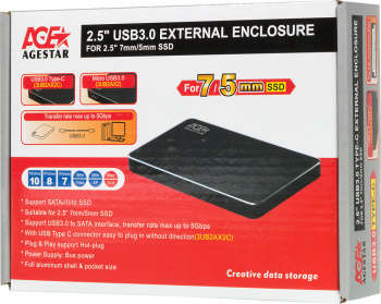 Бокс для HDD AgeStar HDD/SSD 3UB2AX2C SATA I/II/III алюминий черный 2.5"