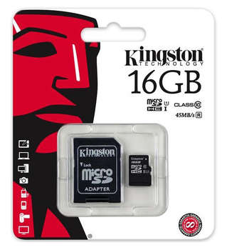 Карта памяти Kingston microSDHC 16Gb Class10  SDC10G2/16GB + adapter