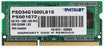 Оперативная память Patriot 4GB PC12800 DDR3L SO PSD34G1600L81S