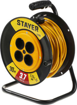 Электрический удлинитель STAYER Удлинитель силовой 55070-30 2x2.5кв.мм 4розет. 30м ПВС 10A катушка желтый